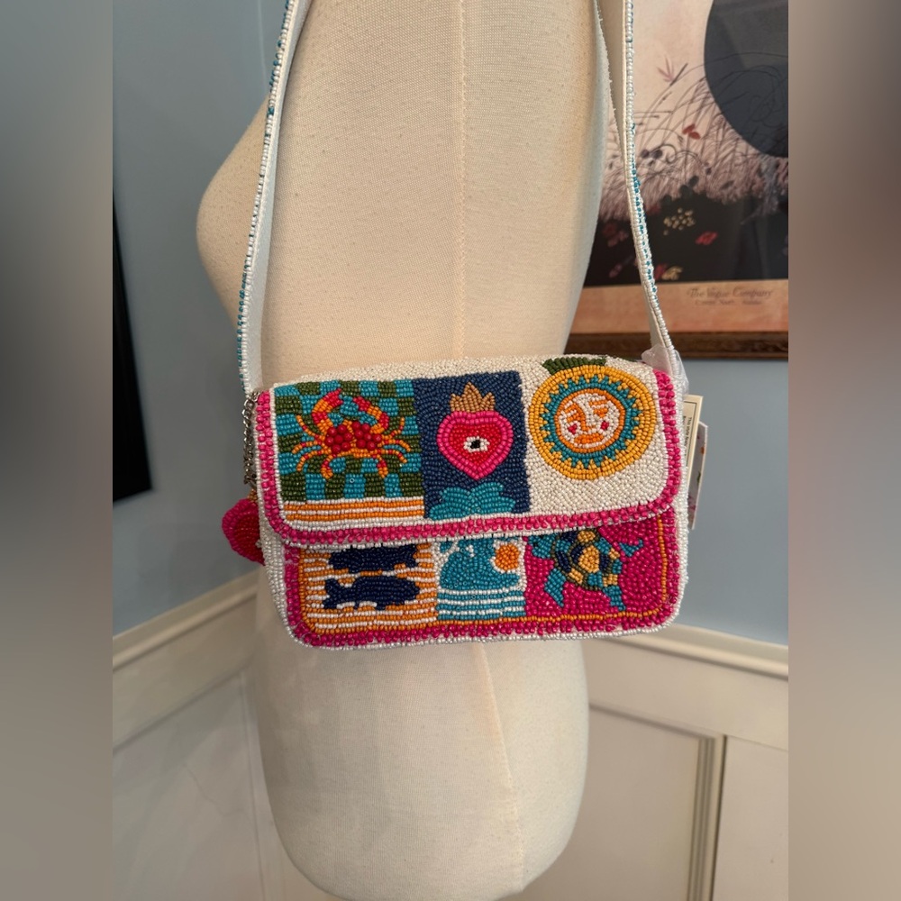 Viral Beaded Bag! NWT Beach Themed Collage Made in India Beaded Shoulder Bag